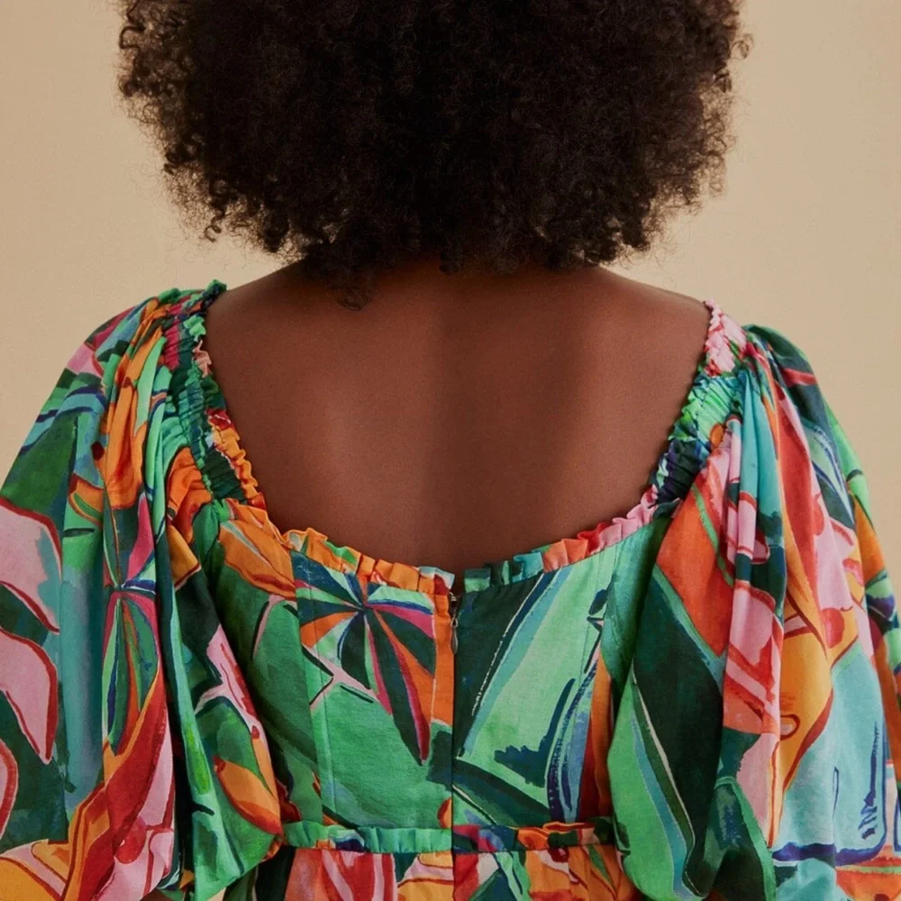 Farm Rio Multicolor Banana Foliage Puff Sleeve Midi Dress - Picture 11 of 12